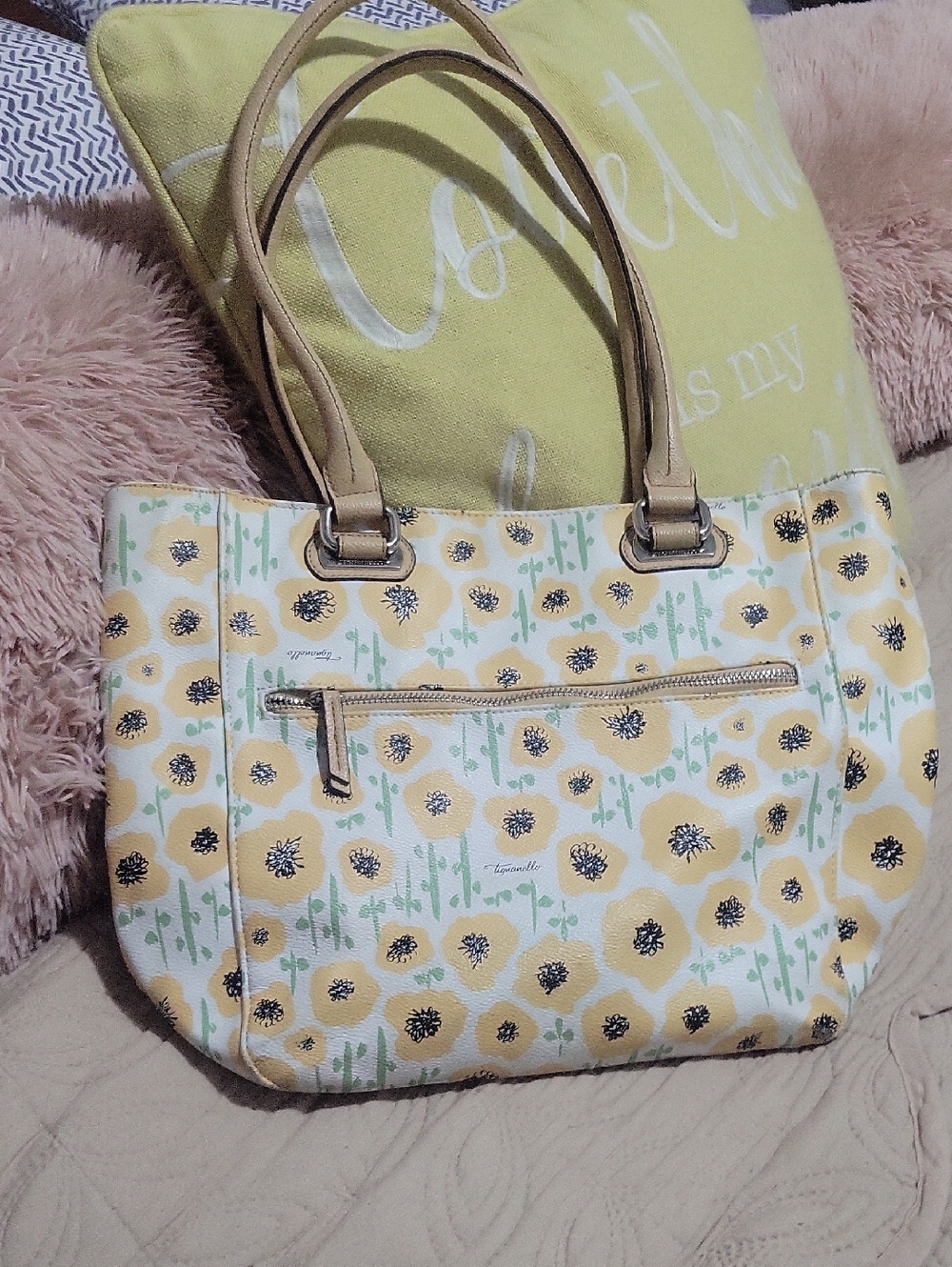 Tignanello Yellow Floral Tote with Tan Handles